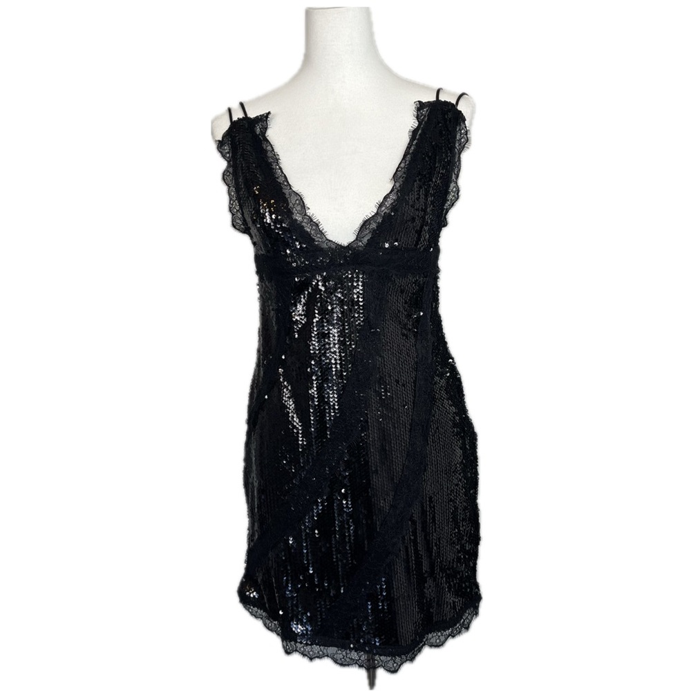Nasty Gal Lace Trim Black Sequin Mini Dress Sz 0 Runs L Cocktail Indie Sleaze